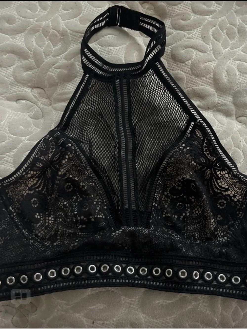 Victoria's Secret Black Lace High-Neck Bralette with Grommet Trim
